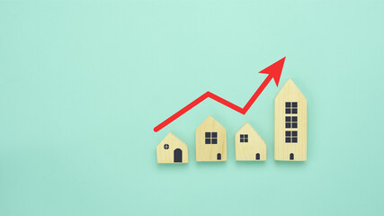 Top view house model with red arrow pointing up same as step stair go up. concept real estate or property values growth up, Housing price increasing or rising market, investment buying and selling.