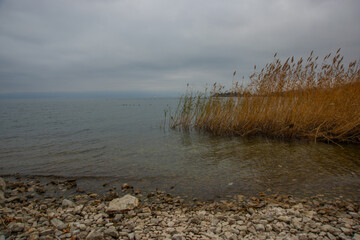 OHRID, NORTH MACEDONIA: Landscape with a view of Lake Ohrid on a cloudy day.