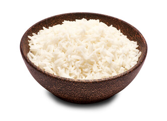 Boiled Rice in a wooden bowl isolated on a white background with clipping path embedded
