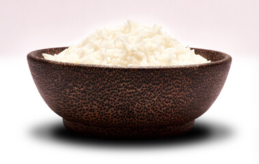 Boiled Rice in a wooden bowl isolated on a white background with clipping path embedded