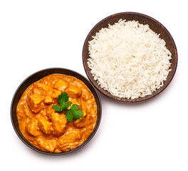 Traditional Chicken Curry and a bowl of boiled rice isolated on white background with clipping path embedded