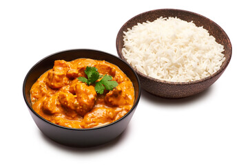 Traditional Chicken Curry and a bowl of boiled rice isolated on white background with clipping path embedded