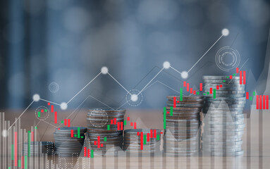 Close up of stacking of growth up coins with Double exposure of chart graph financial with night bokeh background for finance and business ,capital banking and investment,coin stock market concept.