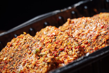 Four raw fresh grilled steaks, selective focus. Meat industry product. Summer range for barbecue