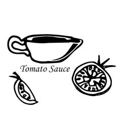 Vector Tomato Hand-Drawn Illustration. Tomato Sauce. Logo. A picture for a pizzeria. Drawing for printing T-shirts.