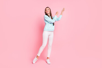 Fototapeta na wymiar Full length photo of pretty person dance have nice weekend look empty space isolated on pink color background