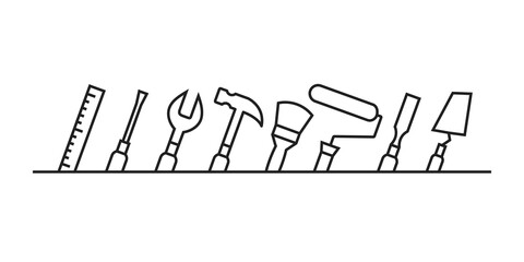 Tools in line art as building or repair concept. Tilted linear work tool icons isolated on white background.