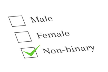 Non-binary concept with survey and check mark next to it. Gender, questionnaire and check box with thick. Choosing from options: male, female and non-binary. 