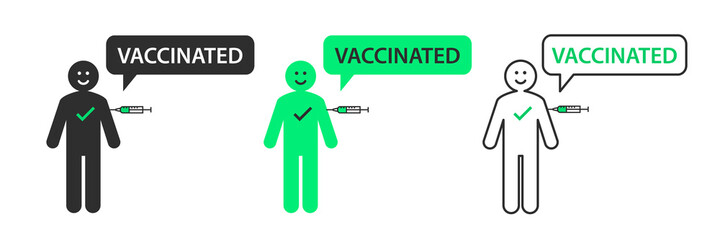 Stick figure smiling while getting vaccinated against coronavirus. COVID-19 pandemic and vaccination concept. Happy person getting the vaccine from a syringe or injection.