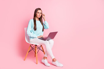 Full size photo of charming person hand touch glasses wear pullover isolated on pastel pink color background