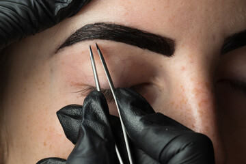 Eyebrow tinting and modeling. Master, beauty salon, procedure, correction, form, tweezers