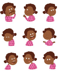 Illustration de petite fille africaine visages montrant différentes émotions. Dessin vectoriel