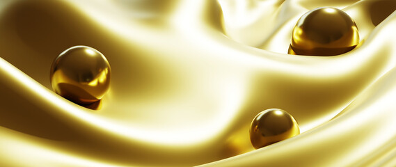 3d render of golden ball and silk. iridescent holographic foil. abstract art fashion background.