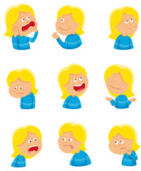 Illustration de petite fille visages montrant différentes émotions. Dessin vectoriel