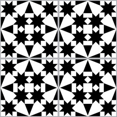 Moroccan and Turkish geoemetic tile seamless vector pattern, black and white textile design with stars and abstract shapes
