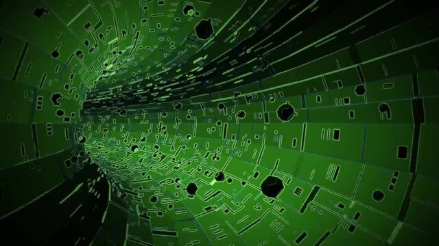 Computer generated screen save of a green space like worm hole with dark matter floating throughout the space as the screen moves through the tunnel.