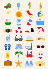 Summer vacation icon set. Beach vacation icon collection 