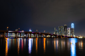 Miami night downtown, city Florida. Miami Florida, sunset panorama with colorful illuminated business and residential buildings and bridge on Biscayne Bay.