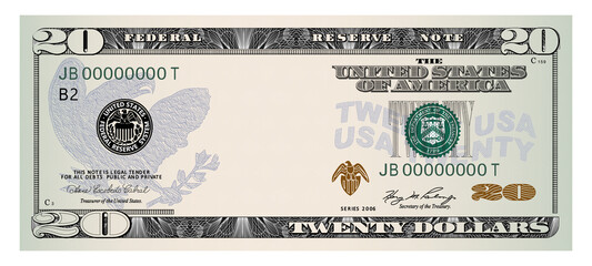 US Dollars 20 banknote -American dollar bill cash money isolated on white background. - obrazy, fototapety, plakaty