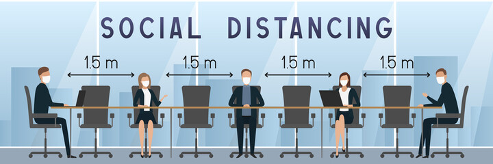 Social distancing 1,5 meters in office. Quarantine. Vector illustration.