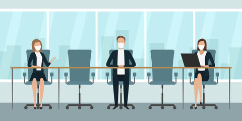 Employees in masks working in office. Vector illustration.
