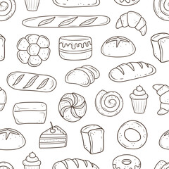 a pattern of baked goods drawn in the style of doodle. black and white bread, cake, monchik, croissant. vector illustration on a white background.