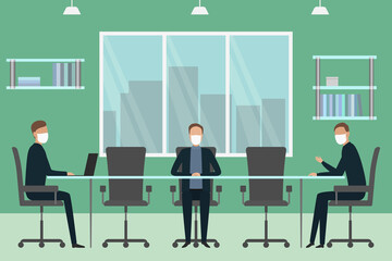 Employees in protective masks working in office. Vector illustration.