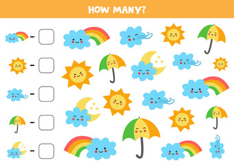 Counting game with cute kawaii weather elements. Math worksheet.