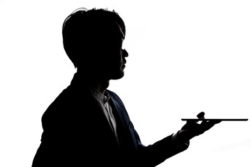 Silhouette of businessman use tablet isolate on  white background. Concept for business and online technology.