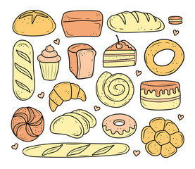 bakery products drawn in the style of doodle. black and white bread, cake, monchik, croissant. vector illustration on a white background.
