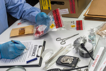 Criminalistics police write victim's details in bloodstained gauze murder, conceptual image