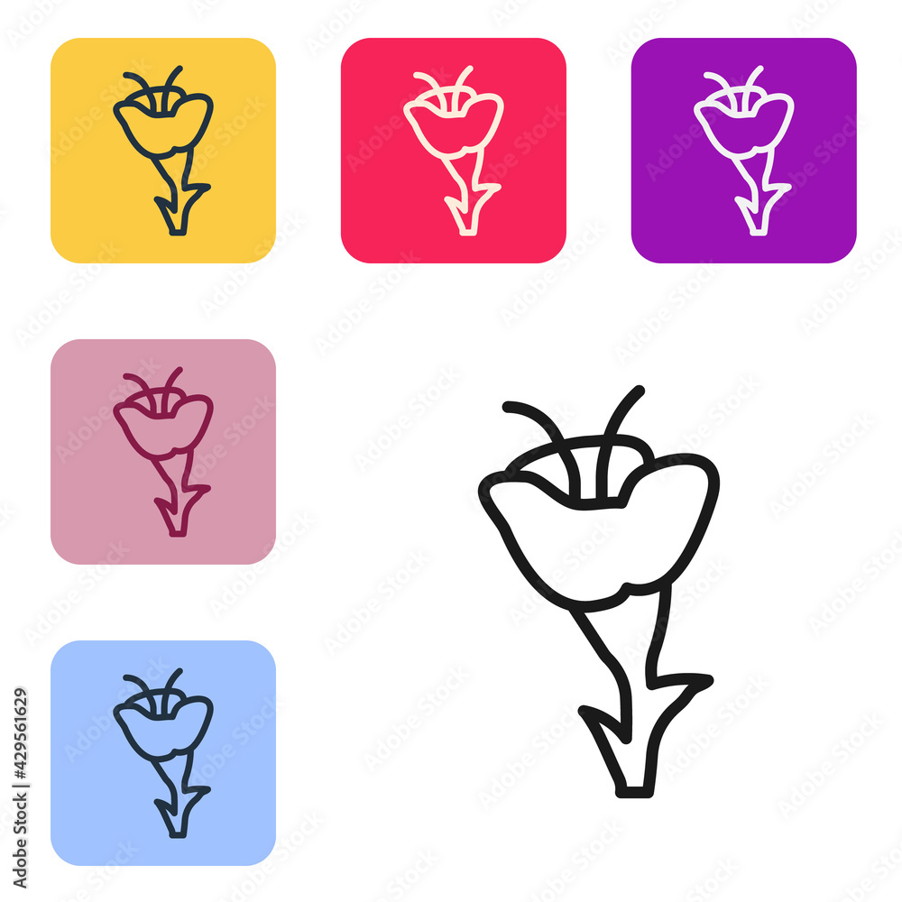 Poster black line flower icon isolated on white background. set icons in color square buttons. vector