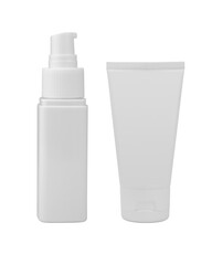 Cosmetic bottle with pump dispenser and cream tube isolated on white background. Beauty products packaging mock up. White plastic cosmetic containers.       