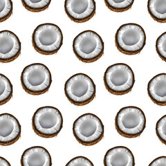Juicy coconuts seamless pattern, Tropical fruit, Procreate sketch, Raster illustration, Isolated on white