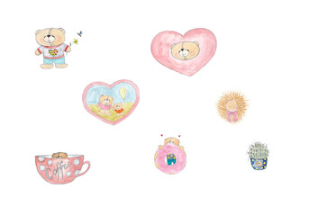 Cute cartoon watercolor set of teddy bears. Motherhood, love hearts, nature, donut, coffee cup. Hand drawn watercolor illustration. Isolated on white.