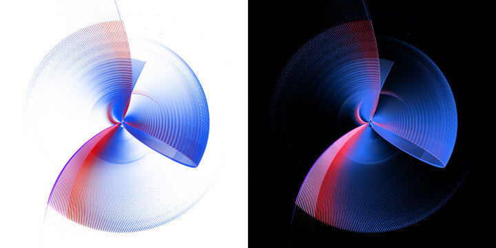 Abstract blue, transparent propeller with red stripes rotates on white and black backgrounds. Graphic design elements set. Logo, sign, icon, symbol. 3d rendering. 3d illustration.