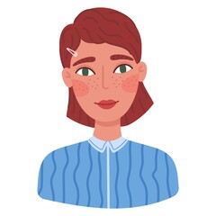 Portrait of cute happy young woman. Avatar of smiling redhead girl with short hair. Flat cartoon vector illustration.