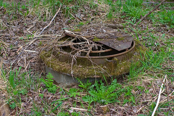 old sewer manhole on the lawn in the forest park