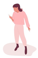 Girl with mobile phone. Young woman looks at phone. Flat vector illuctration. Female in pink casual clothes. Cute girl holding cellphone. Smartphone or Internet Addiction. Negotiations, Social Media