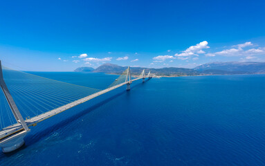 Aerial view of Rio Antirrio or Charilaos Trikoupis Bridge near Patra City, Greece