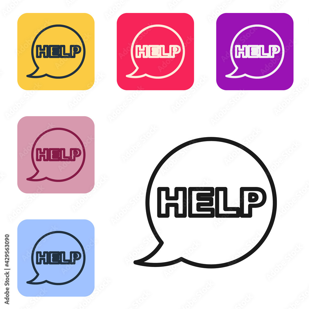 Poster black line speech bubble with text help icon isolated on white background. set icons in color square