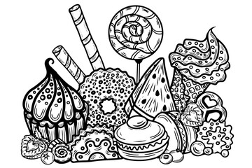 Coloring page with cake, cupcake, candy and other dessert with berry