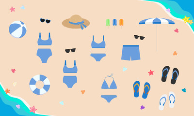 青い水着とビーチのイラストセット