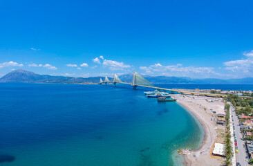 Aerial view of Rio Antirrio or Charilaos Trikoupis Bridge near Patra City, Greece