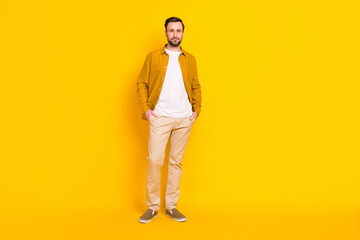 Full length photo of pretty sweet young gentleman dressed casual outfit standing arms pockets...