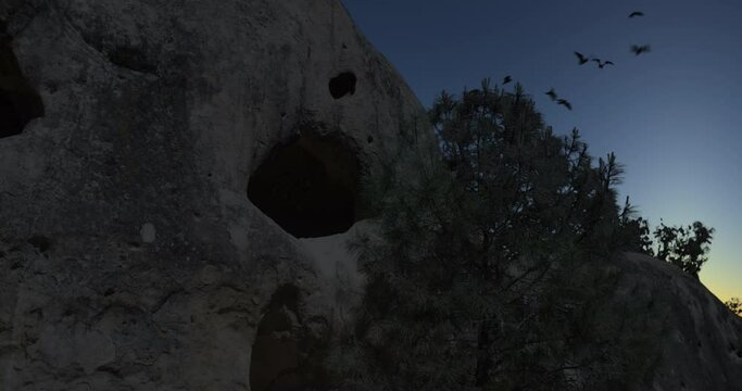 Wide shot of animated bats flying out of a cave at twilight.