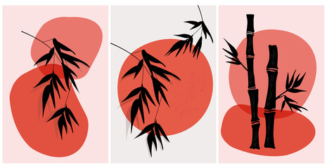 Set artistic minimalistic, abstract poster with silhouettes of bamboo branches and leaves against a background of simple red shapes, the sun. Vector graphics. Japanese, Asian style.