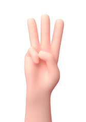 Fototapeta premium Three Fingers Raised Hand. 3D Cartoon Character. Isolated on White