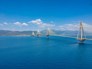 Aerial view of Rio Antirrio or Charilaos Trikoupis Bridge near Patra City, Greece
