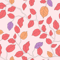 Hand drawn branches with pink, orange and purple leaves on a light background. Seamless floral summer pattern. Suitable for textile, wallpaper.